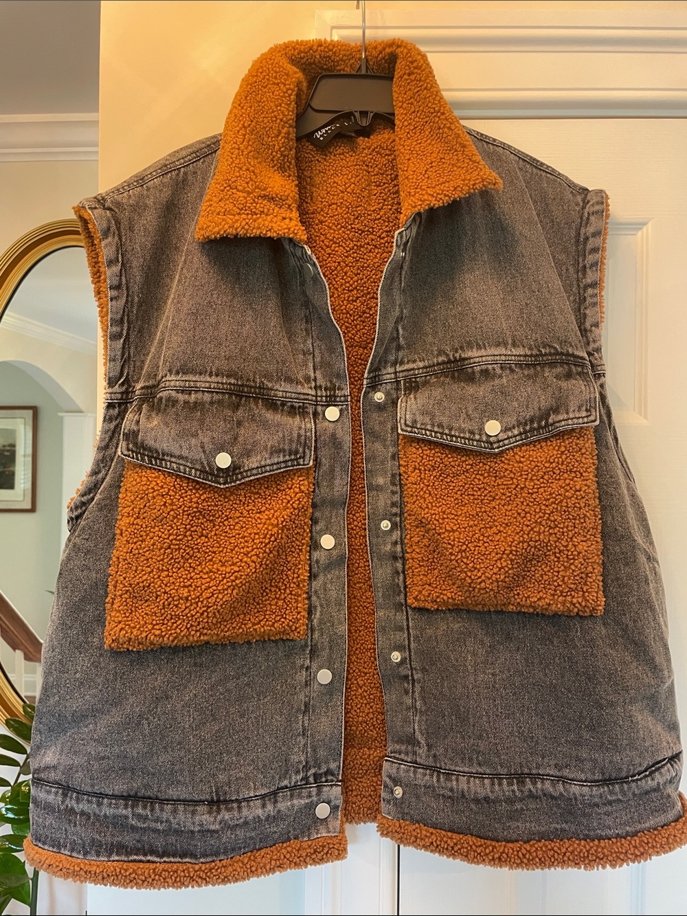 white birch black label Black/Gray Denim Vest with Rust Sherpa Lining